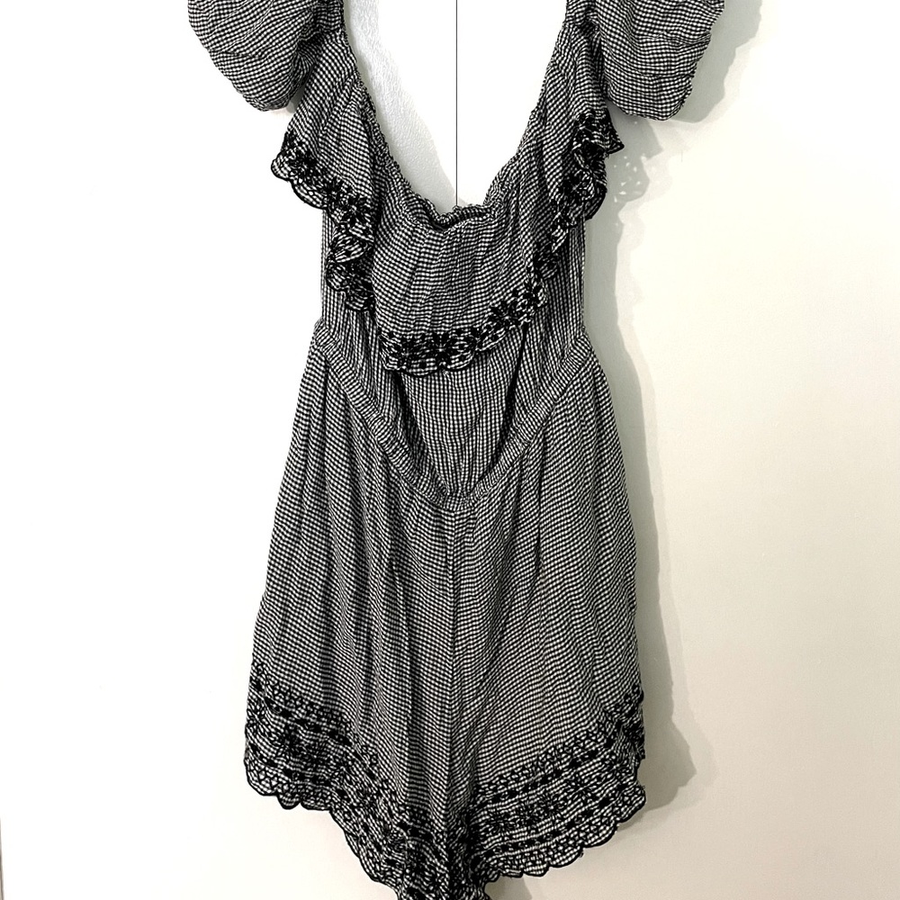 gingham puff off the shoulder romper